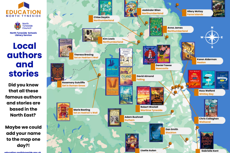 a map of north tyneside with books and authors pinpointed from where they are set or from