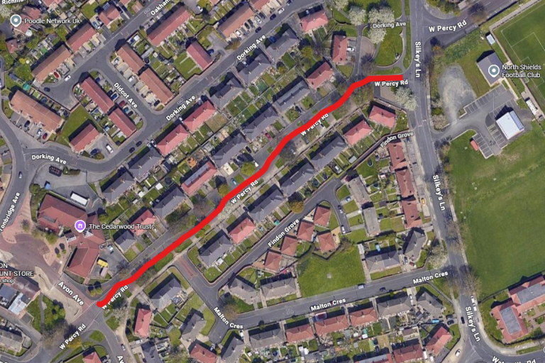 Map showing highlighted area of West Percy Road from Avon Avenue to Silkey's Lane