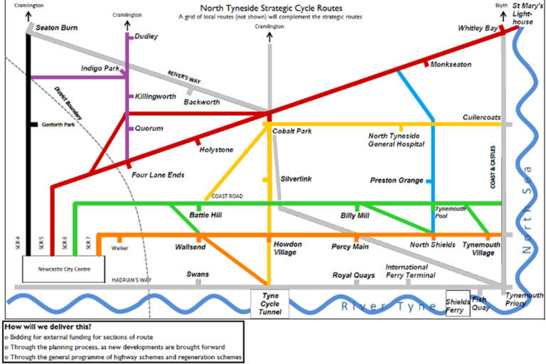 Tube style map showing routes across north tyneside suitable for walking and cycling