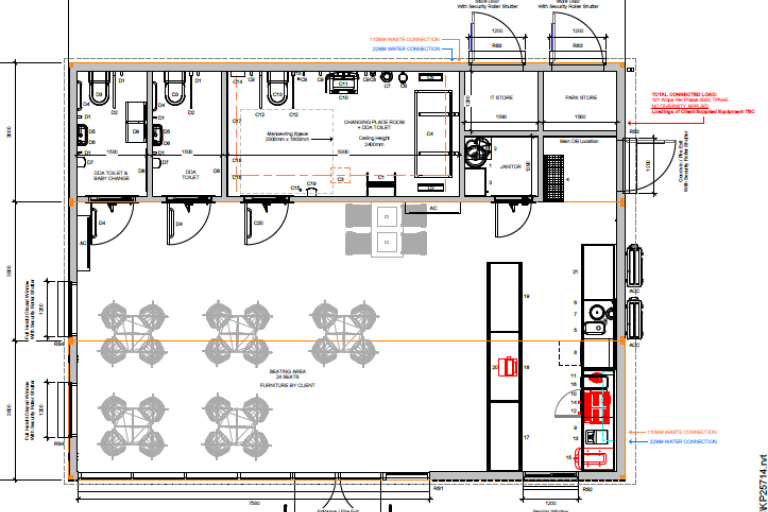 Technical drawing of the inside of a cafe