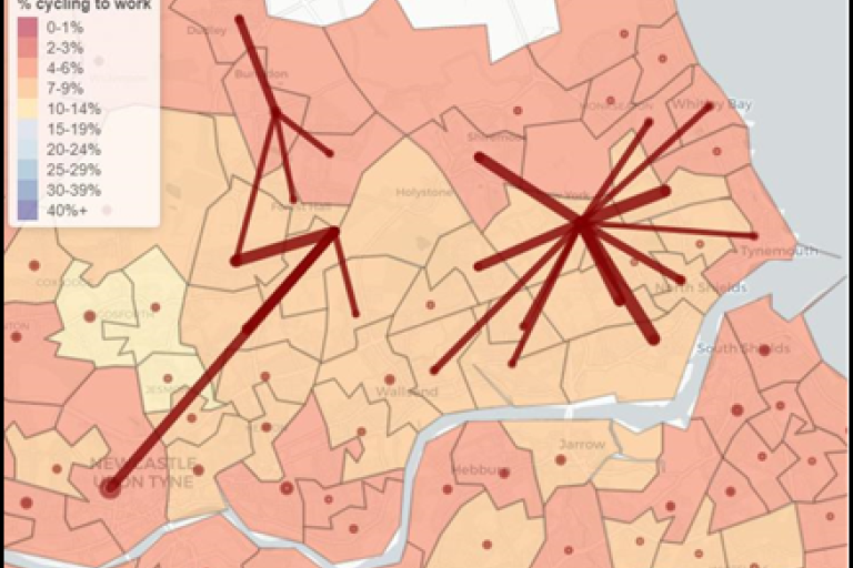 Map showing North Tyneside and the most used cycle routes