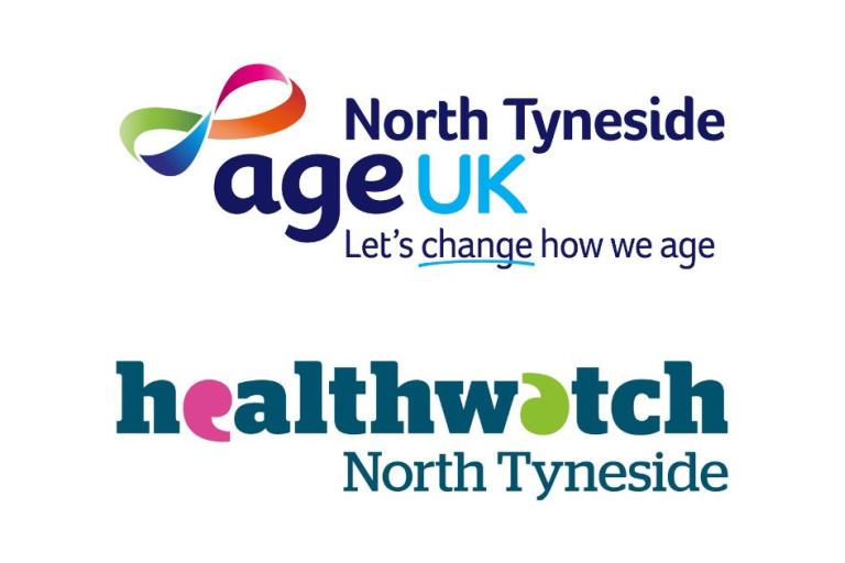 The Age Uk North Tyneside and Healthwatch North Tyneside logos stacked on top of one another. The Age UK logo has a coloured ribbon and the words Let's change how we age. The Healthwatch logo has colourful quotation marks in place of the E and the A
