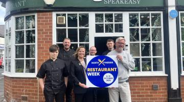 Elected Mayor Karen Clark with Pigalo restaurant staff holding 'North Tyneside Restaurant Week' banner
