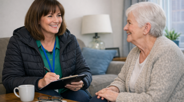 A care worker sitting talking to an older person with a clipboard, a cup of tea on the table 