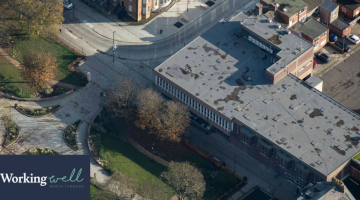 An aeiral image showing the entrance way to North Shields community hub and library 