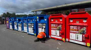 New blue and red textile bins at the HWRC in North Tyneside