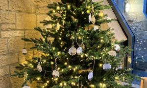 Christmas tree decorated with warm lights and handwritten message tags, displayed in a community building beside a large window