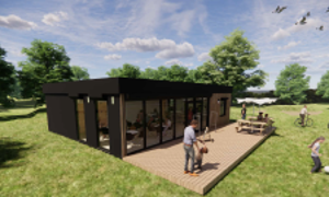 Artist image of outside of a wooden built cafe