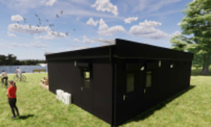 Artist image of outside of a wooden built cafe