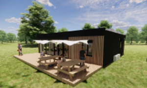 Artist image of outside of a wooden built cafe
