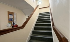Stairs with a grey carpet and wooden handrail