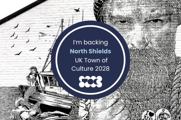 Mural of a fisherman on a white wall and a circle with the words I'm backing North Shields UK Town of Culture 2028