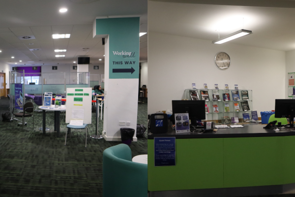 Spaces in a library with a desk and tables and chairs