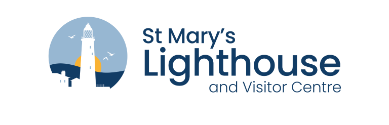 Graphic of a lighthouse with rising sun behind sea and birds in background