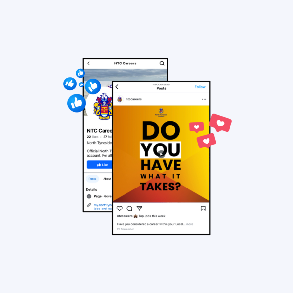 An image of two screenshots of the NTC Careers social media pages, surrounded by 'like' and 'heart' icons.