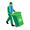Man in a high vis vest pushing a green recycling bin