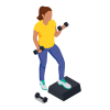 Woman in gym using step and dumbells
